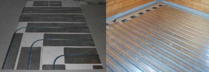 Metal plates are laid out on polystyrene mats for a dry water floor, and pipes are strengthened in them