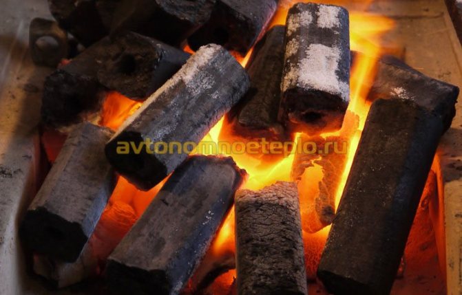 processo di combustione di bricchette di legno pressate