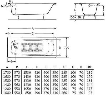 Rectangular bath - sizes from 1.0 to 1.7 m