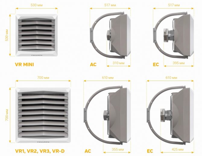 Dimensions de diversos escalfadors de ventilador de Volcano