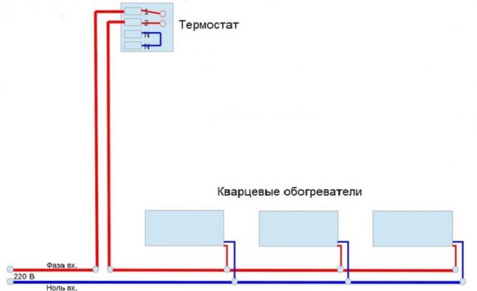 Connection diagram of several panels of quartz heaters at the same time