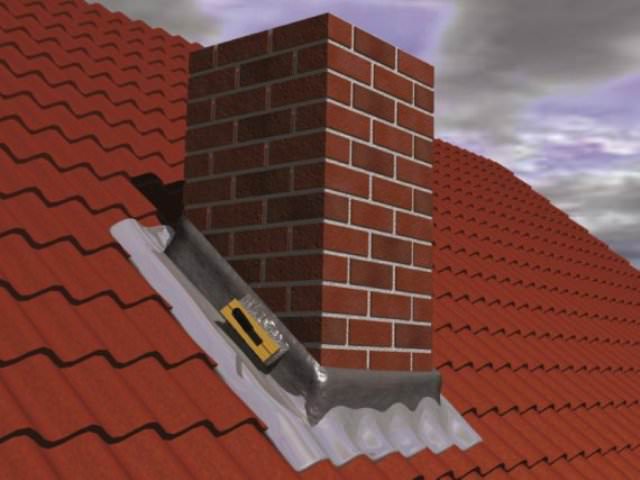 Em torno de tubos de tijolo em um telhado macio, o corte é executado na forma de um avental de abutments prontos feitos de material de telhado macio